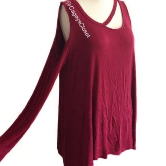 143 Story Top Medium Cold Shoulder Long Sleeve Deconstructed Maroon Distressed - Picture 2 of 9